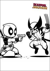 Deadpool und Wolverine kämpfen. (Ausmalbild)