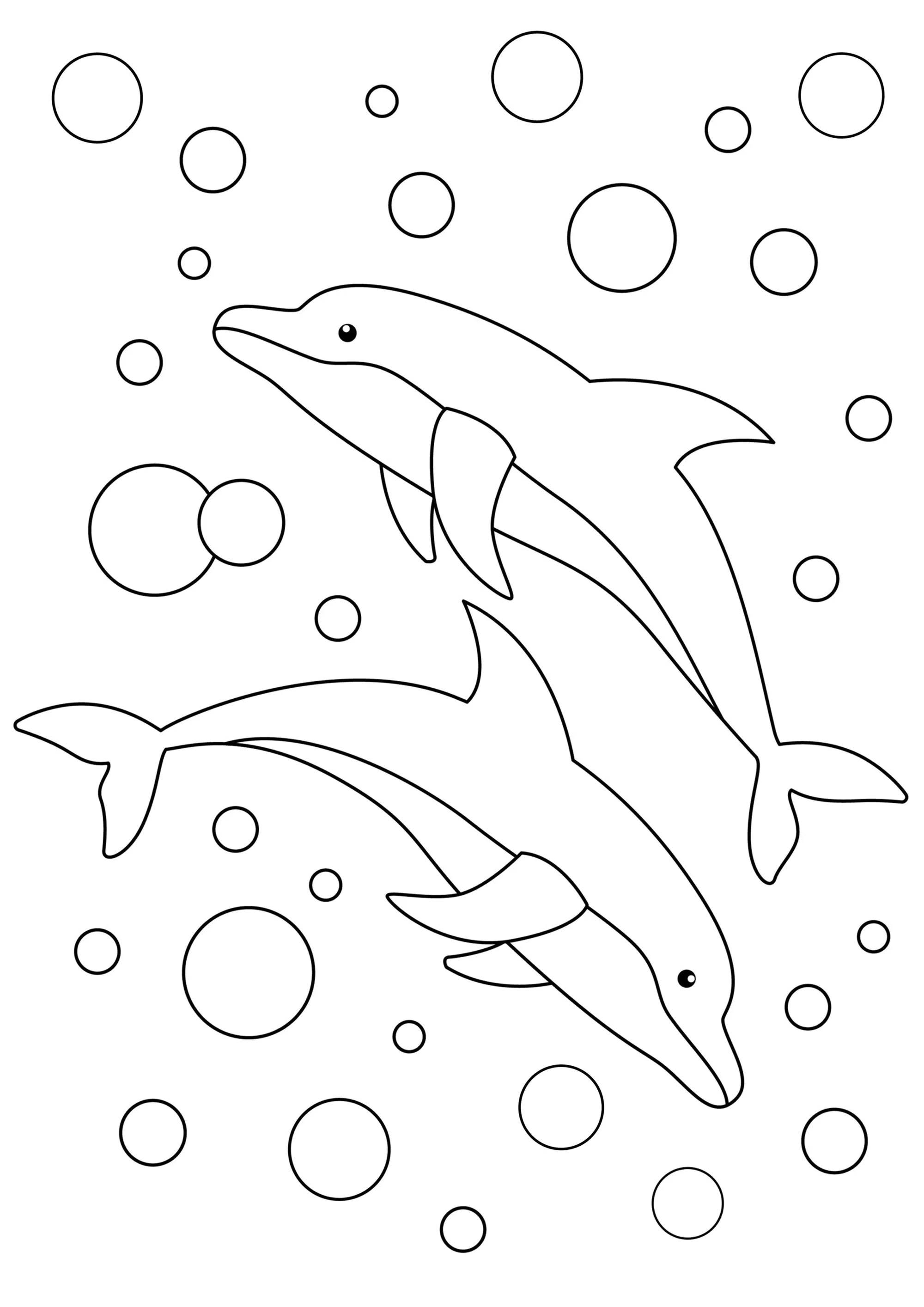 Zwei Delfine und schöne Blasen. (Ausmalbild zum Ausdrucken und Ausmalen für Kinder)