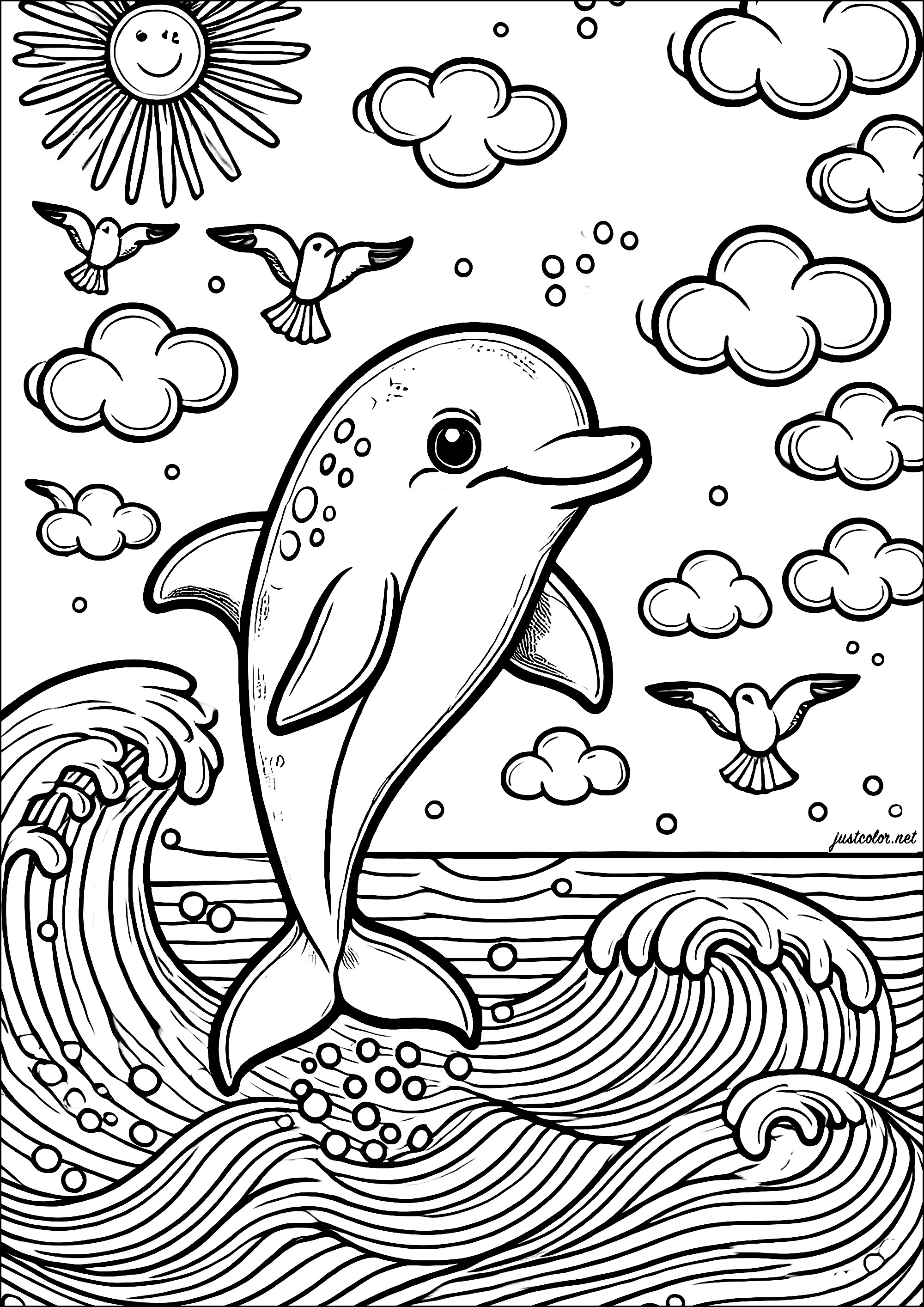 Wunderschöner Delfin, der aus dem Ozean auftaucht (Ausmalbild von Delfine zum Ausdrucken und Ausmalen für Kinder)