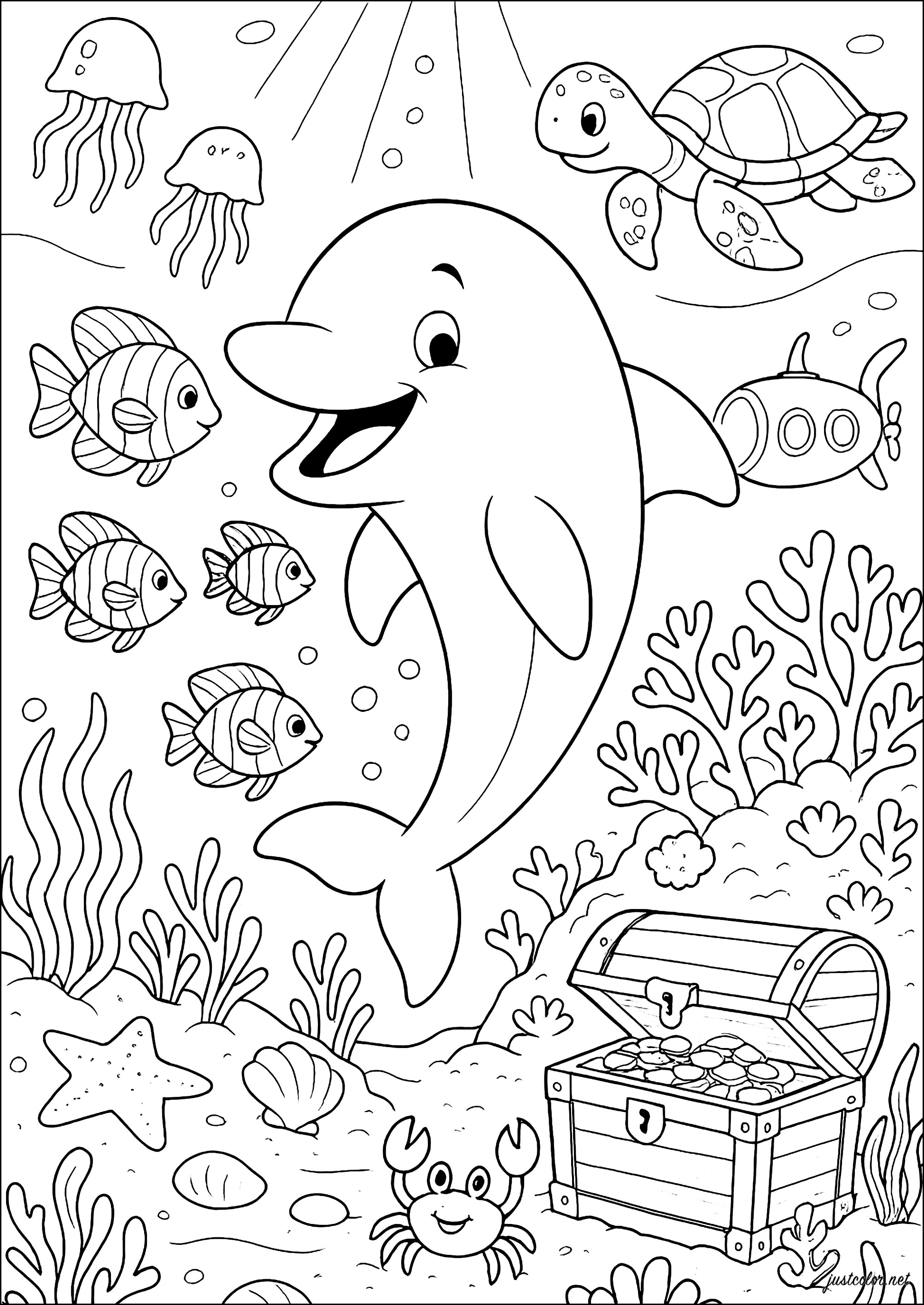 Unterwasserabenteuer mit einem Delfin und seinen Freunden (Ausmalbild von Delfine zum Ausdrucken und Ausmalen für Kinder)