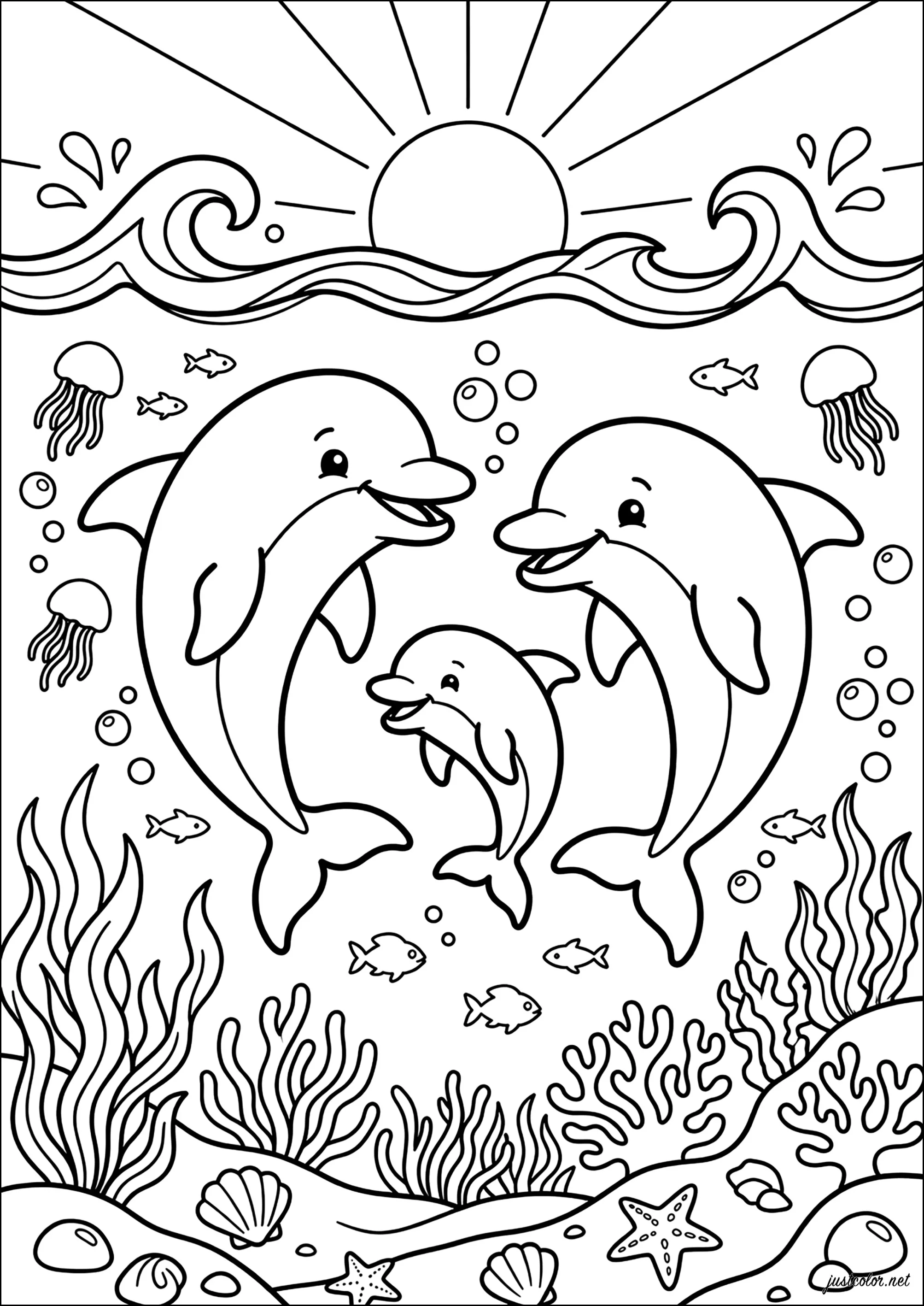 Fröhliche Delfinfamilie im Meer (Ausmalbild von Delfine zum Ausdrucken und Ausmalen für Kinder)