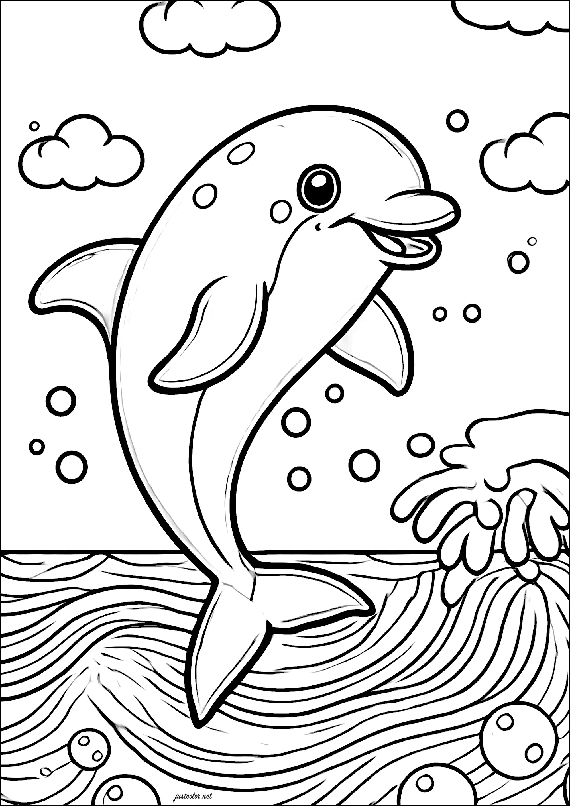 Delphin sehr einfach und lächelnd (Ausmalbild von Delfine zum Ausdrucken und Ausmalen für Kinder)