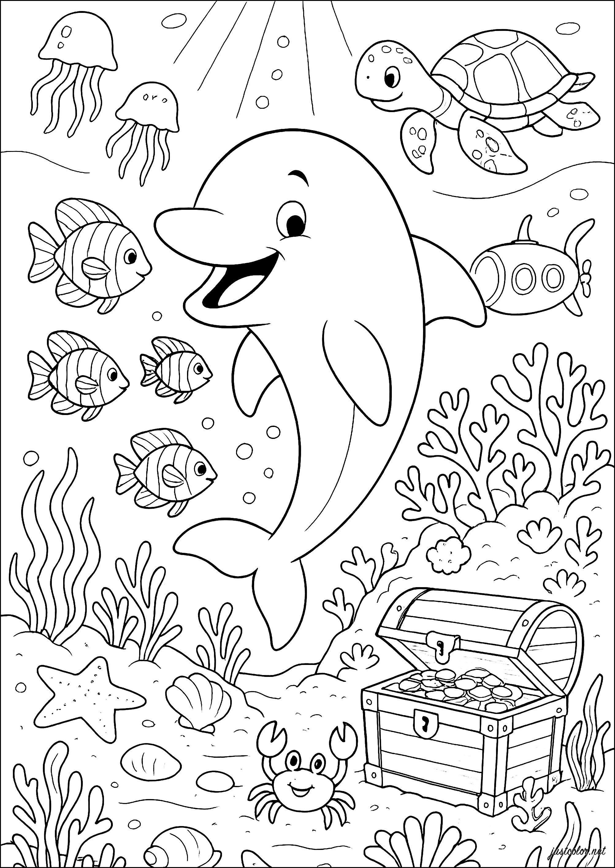Delfin und seine Freunde der Meere (Ausmalbild von Delfine zum Ausdrucken und Ausmalen für Kinder)