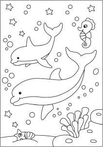 Zwei Delfine schwimmen im Meer. (Ausmalbild)