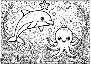 Delfin und seine Freundin, die Krake (Ausmalbild von Delfine)