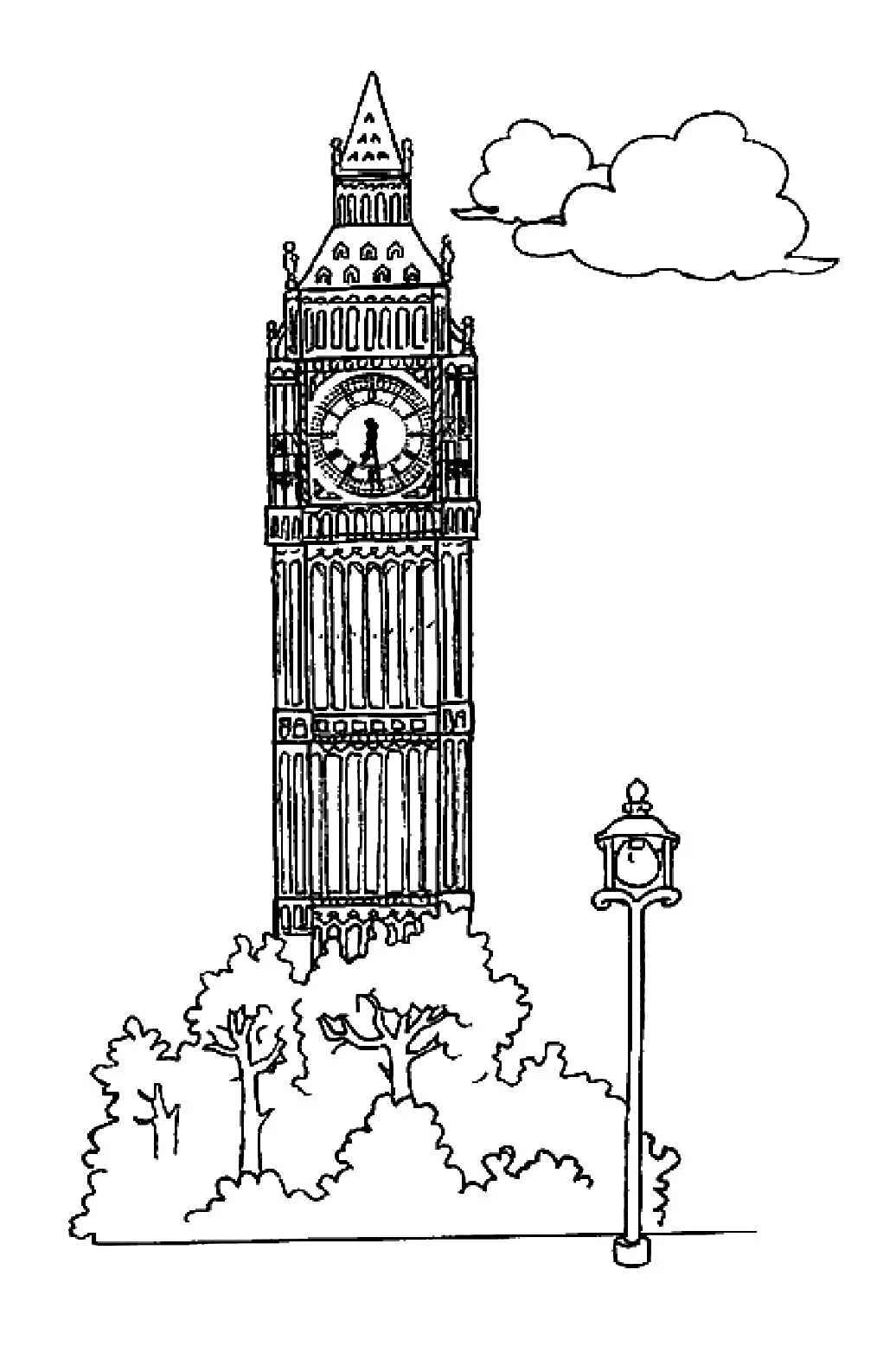 Big Ben von vorne gesehen (London) (Ausmalbild von Denkmaeler zum Ausdrucken und Ausmalen für Kinder)