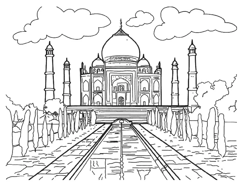 Taj Mahal bleibt auf Deutsch unverändert, da es sich um einen bekannten historischen Ort handelt und keinen Film- oder Serientitel darstellt. (Ausmalbild von Denkmaeler zum Ausdrucken und Ausmalen für Kinder)