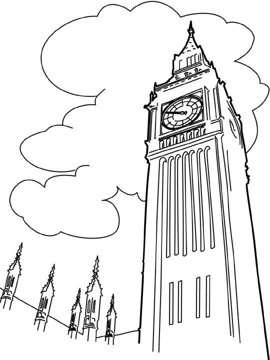 Big Ben von unten gesehen (London) (Ausmalbild von Denkmaeler zum Ausdrucken und Ausmalen für Kinder)