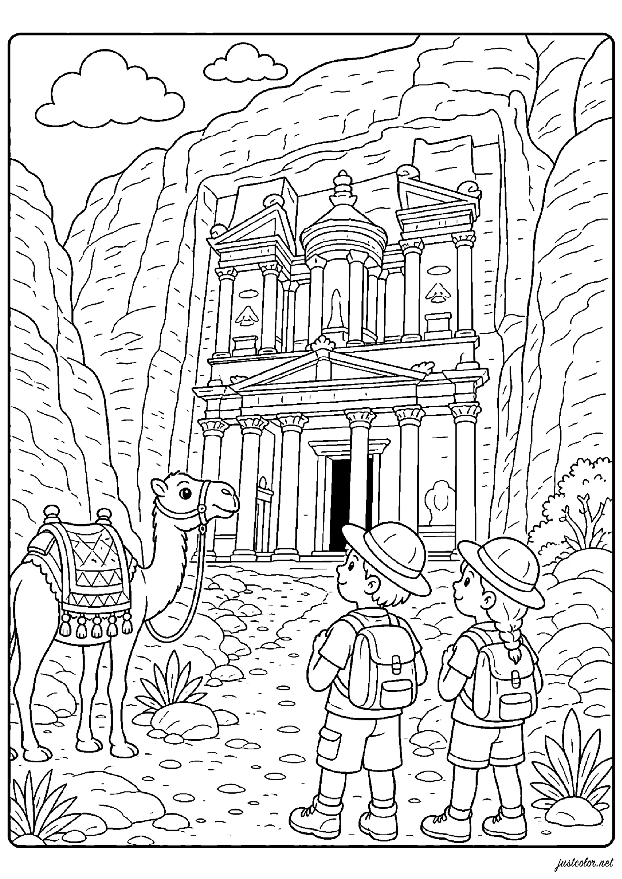 Petra - das Schatzhaus Al-Khazneh (Jordanien) (Ausmalbild von Denkmaeler zum Ausdrucken und Ausmalen für Kinder)