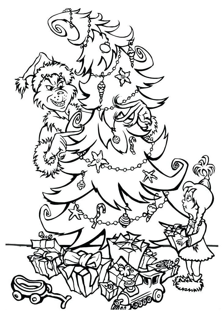 Der Grinch und ein Weihnachtsbaum. (Ausmalbild) Der Grinch und ein Weihnachtsbaum. (Ausmalbild zum Ausdrucken und Ausmalen für Kinder)