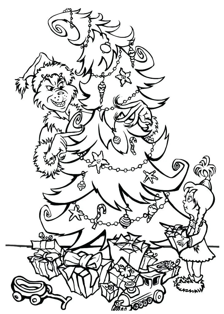 Der Grinch und ein Weihnachtsbaum. (Ausmalbild zum Ausdrucken und Ausmalen für Kinder)