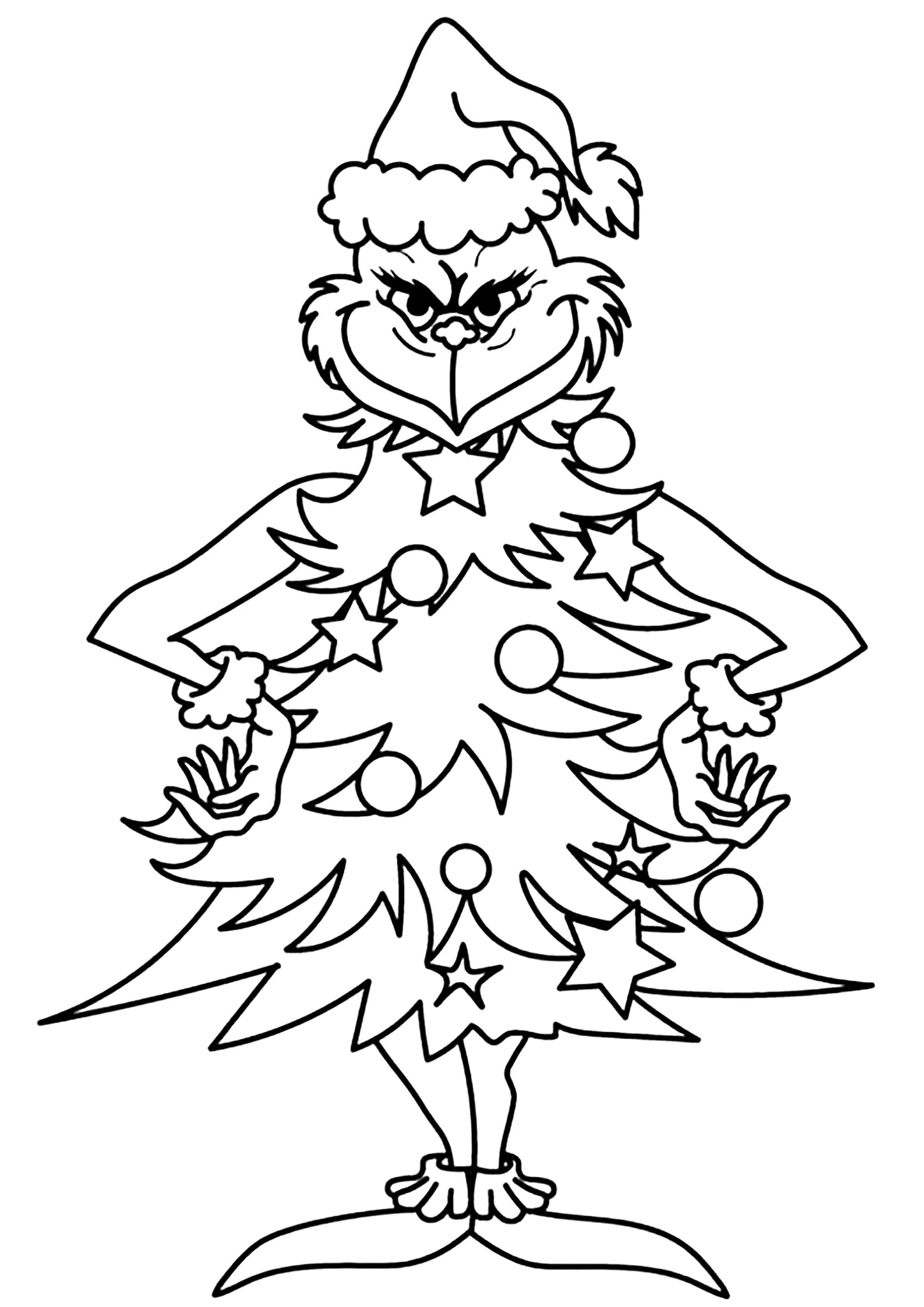Der Grinch verkleidete sich als Weihnachtsbaum, um besser Geschenke stehlen zu können. (Ausmalbild zum Ausdrucken und Ausmalen für Kinder)
