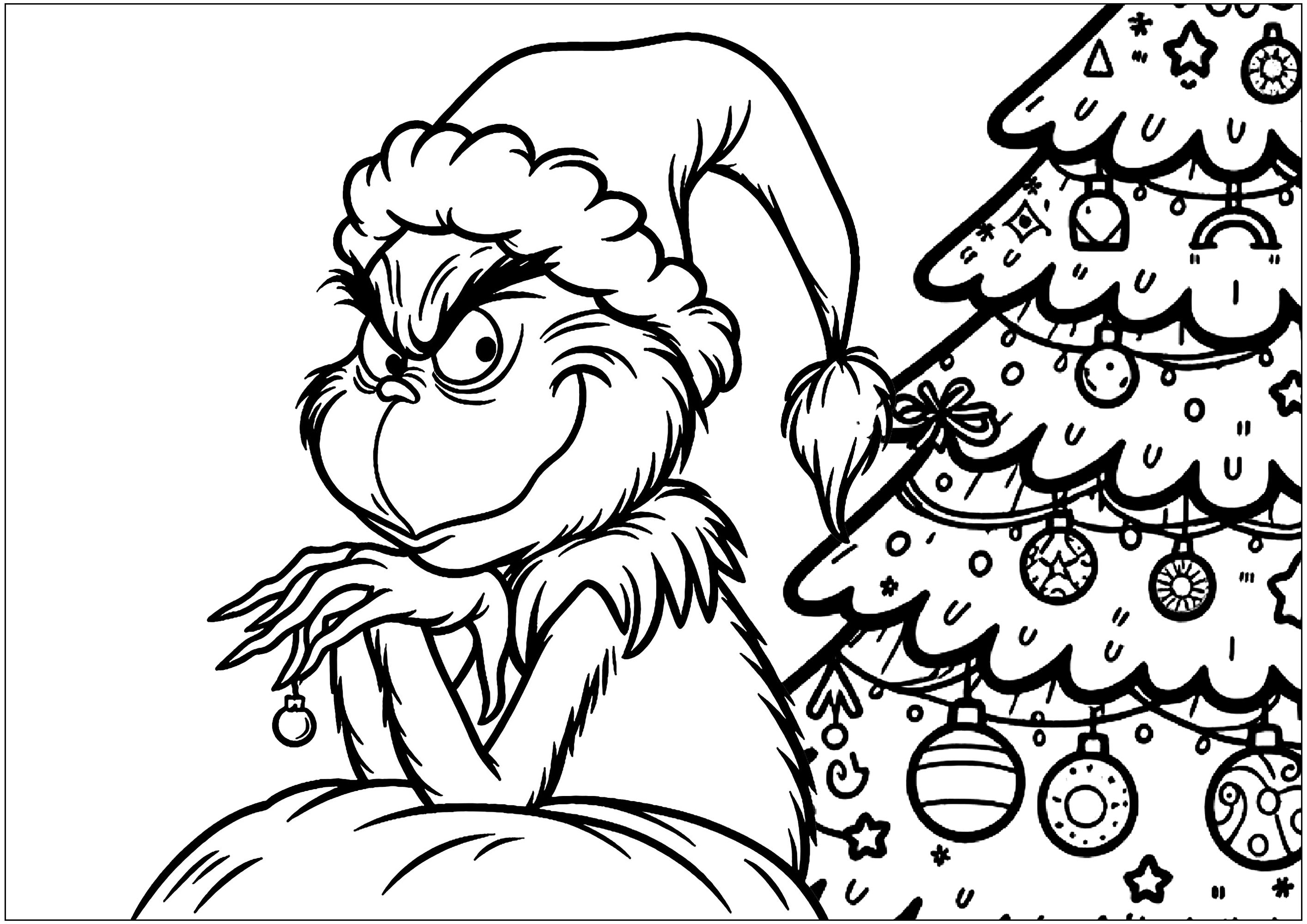 Der Grinch und ein Weihnachtsbaum. (Ausmalbild) Der Grinch und ein Weihnachtsbaum. (Ausmalbild zum Ausdrucken und Ausmalen für Kinder)