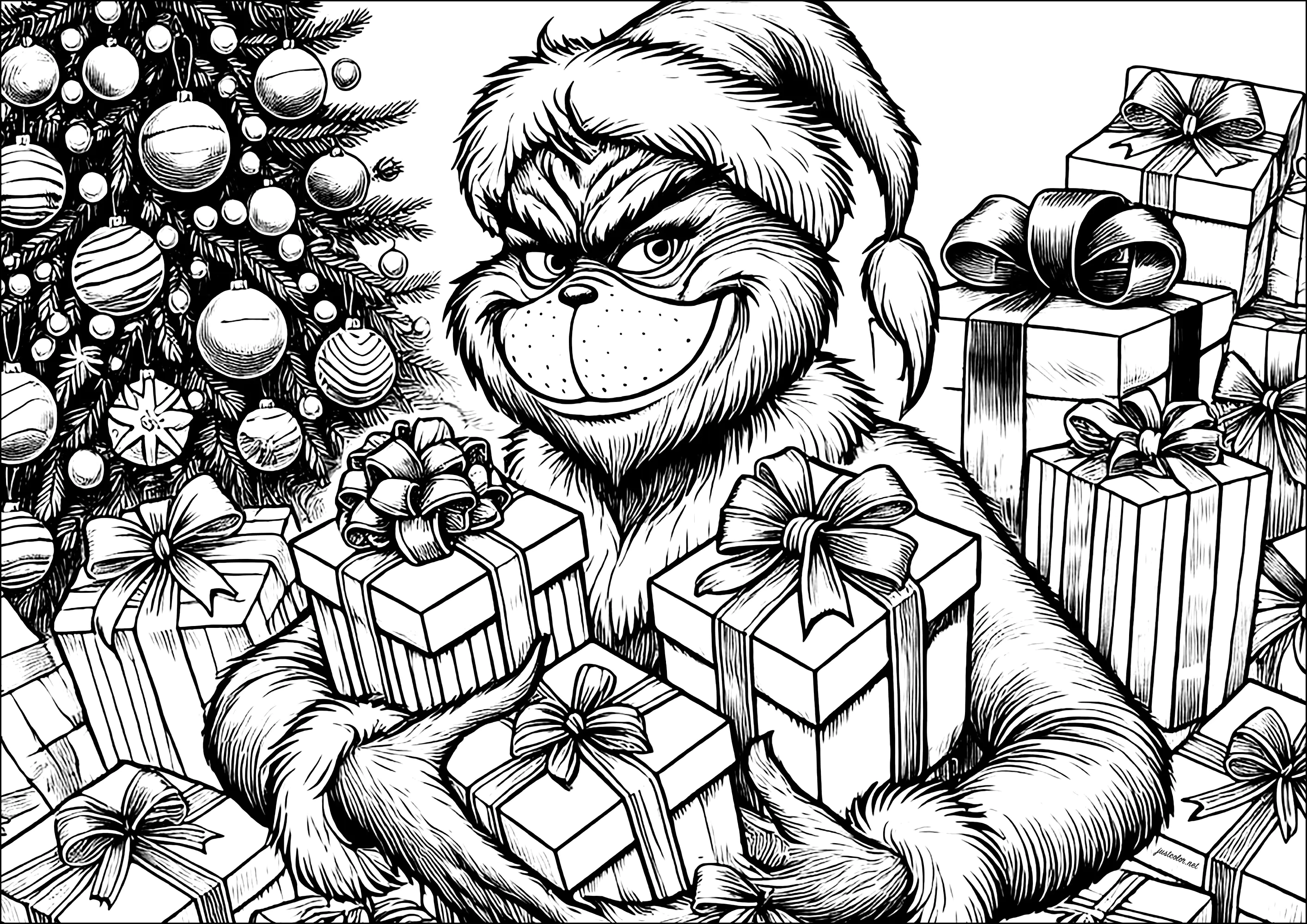 Der Grinch mit vielen Geschenken (Ausmalbild zum Ausdrucken und Ausmalen für Kinder)