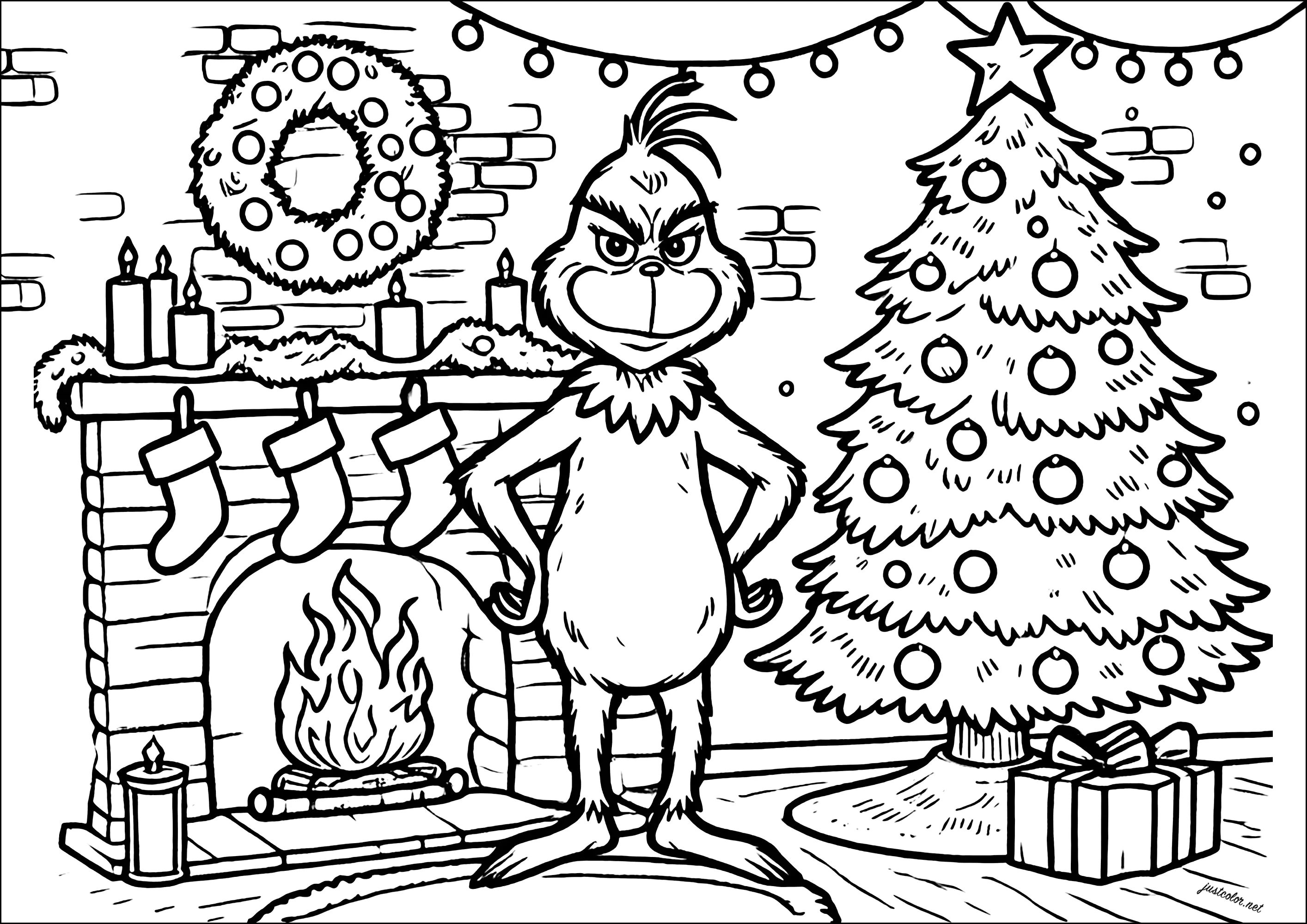 Der Grinch vor einem Kamin und einem Weihnachtsbaum (Ausmalbild zum Ausdrucken und Ausmalen für Kinder)