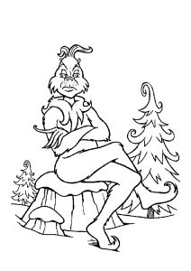 Der Grinch wartet auf einem Baumstamm. (Ausmalbild)