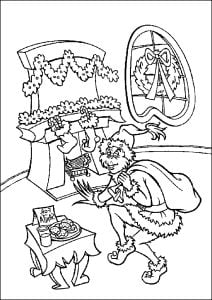 Der Grinch stiehlt Geschenke. (Ausmalbild)