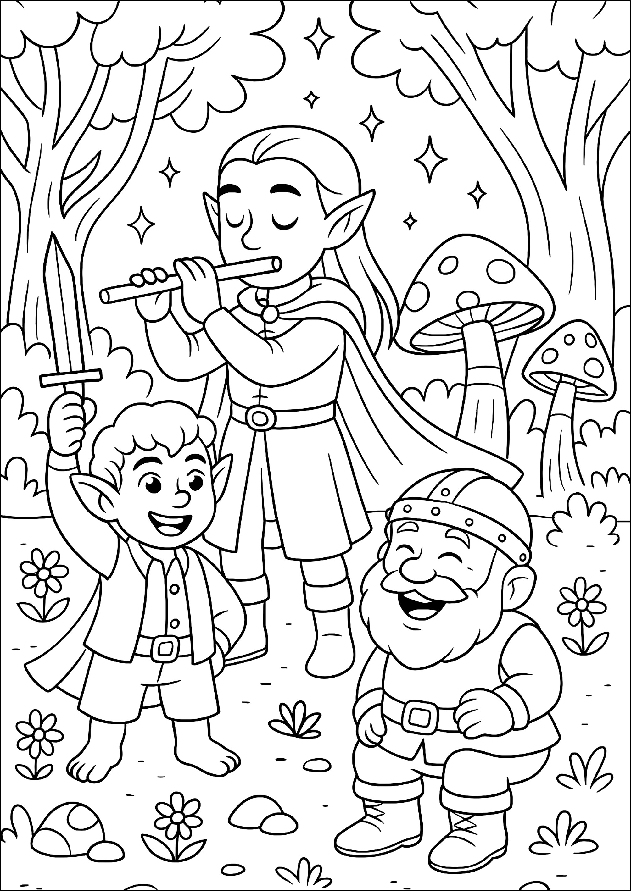 Abenteuer im verzauberten Wald mit einem Hobbit, einem Elfen und einem Zwerg (Ausmalbild von Der Herr der Ringe zum Ausdrucken und Ausmalen für Kinder)