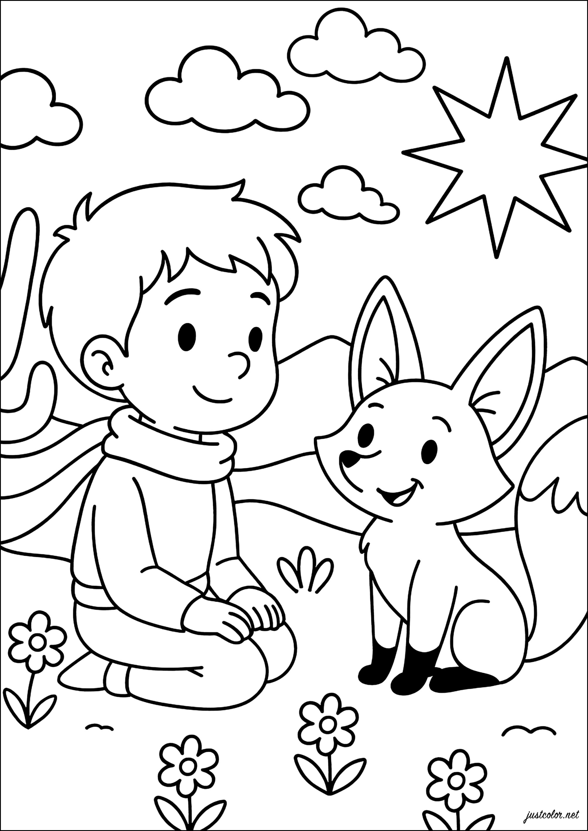 Begegnung unter dem sternenklaren Himmel (Ausmalbild von Der kleine Prinz zum Ausdrucken und Ausmalen für Kinder)