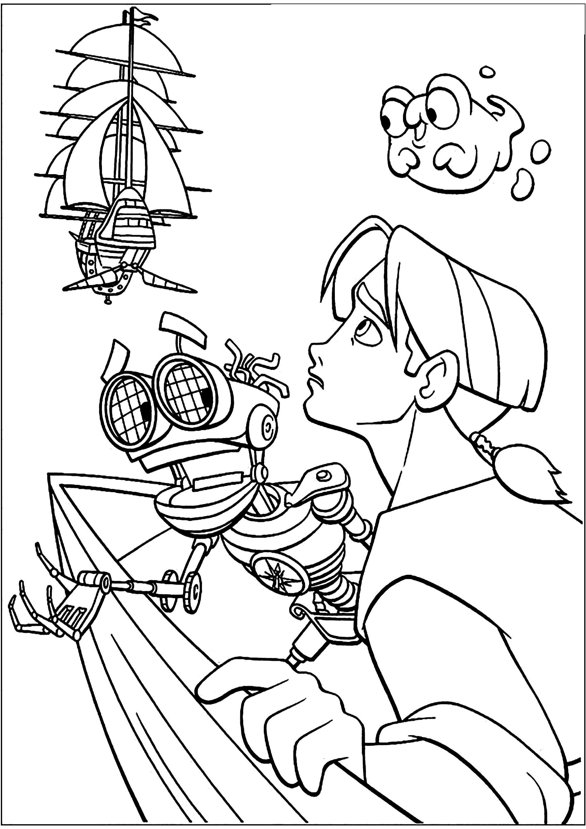 Der Schatzplanet: Jim Hawkins und sein Freund, der Roboter. (Ausmalbild zum Ausdrucken und Ausmalen für Kinder)