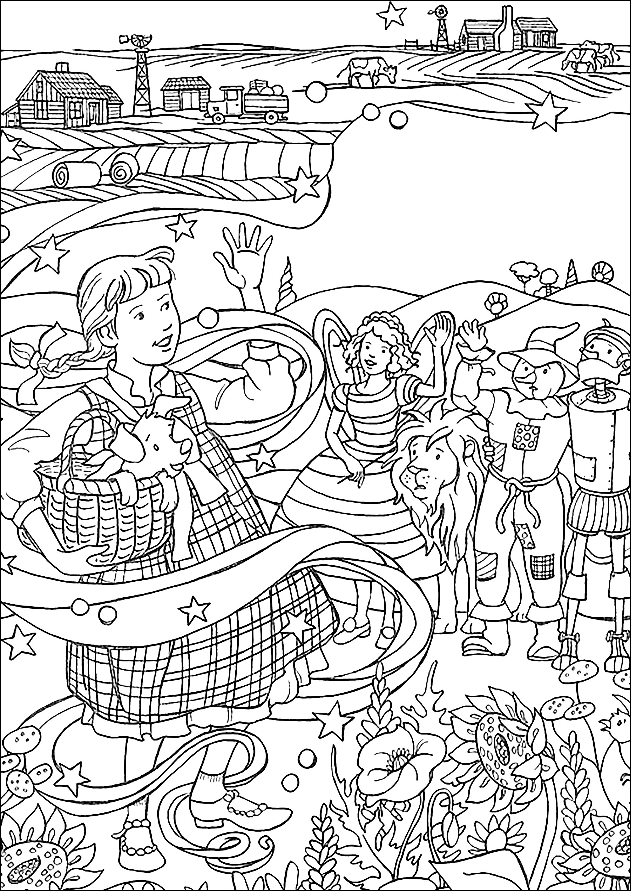 Dorothy verabschiedet sich von ihren Freunden (Ausmalbild von Der Zauberer von Oz zum Ausdrucken und Ausmalen für Kinder)