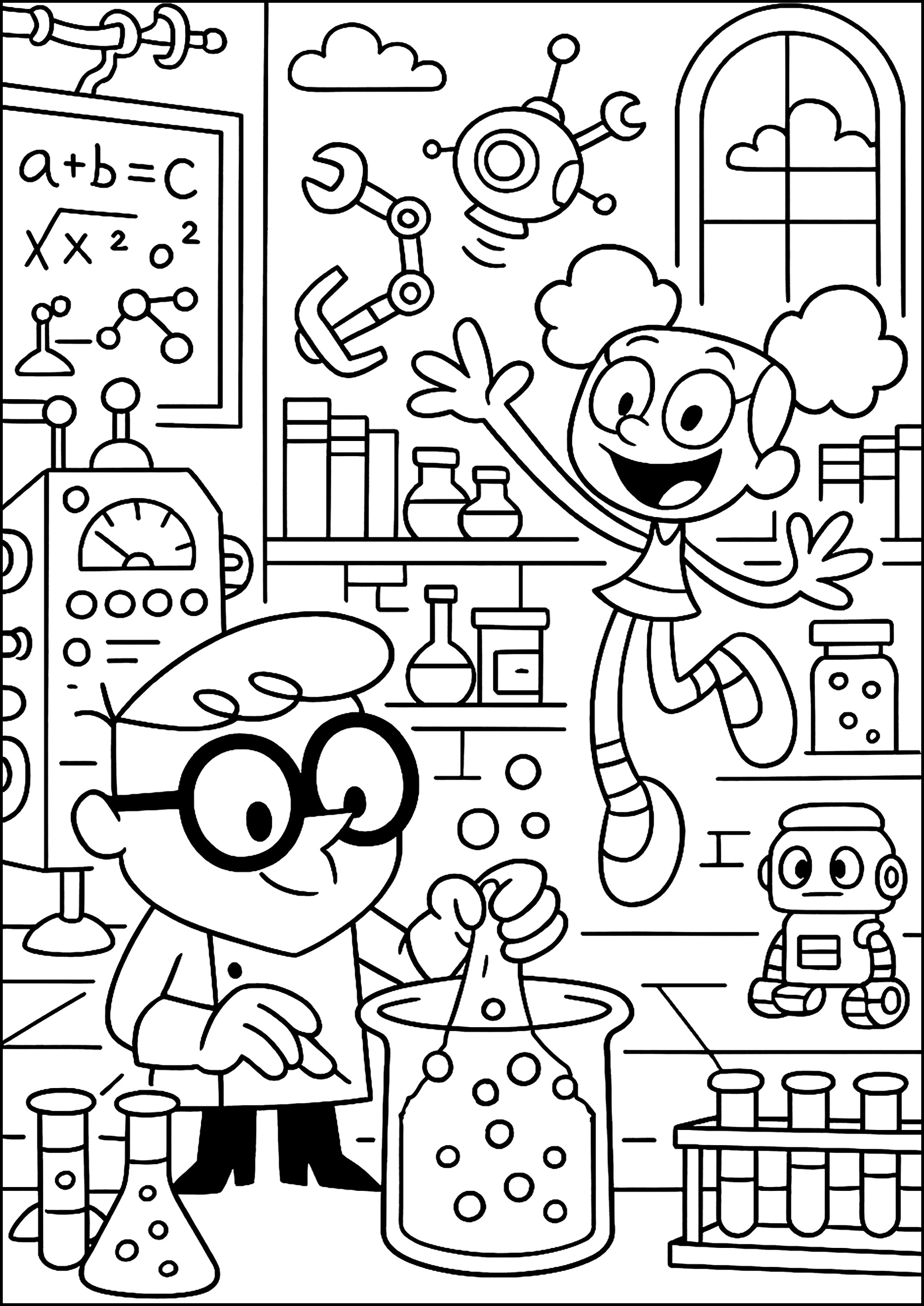 Wissenschaftliche Experimente voller Überraschungen (Ausmalbild von Dexter zum Ausdrucken und Ausmalen für Kinder)