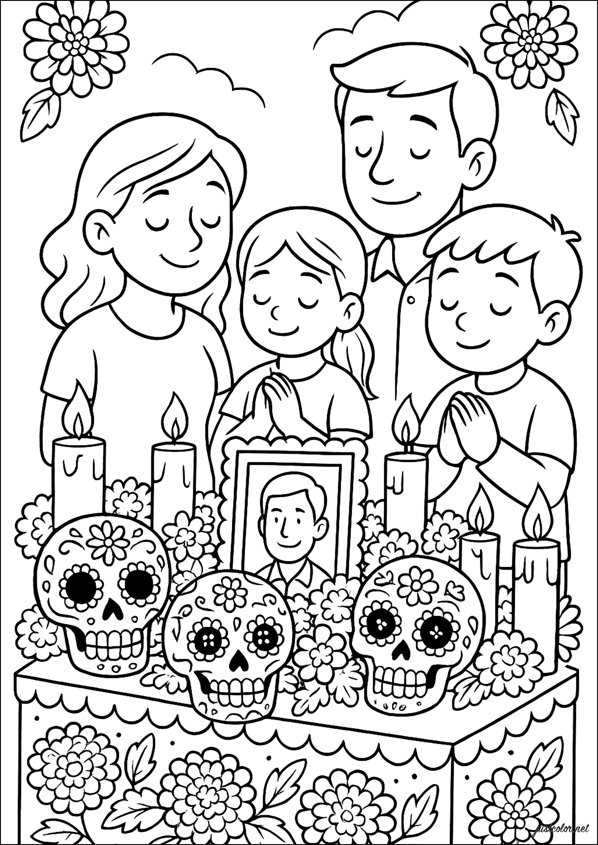 Ehrung von Verstorbenen (Ausmalbild von Dia De Los Muertos (Der Tag der Toten) zum Ausdrucken und Ausmalen für Kinder)