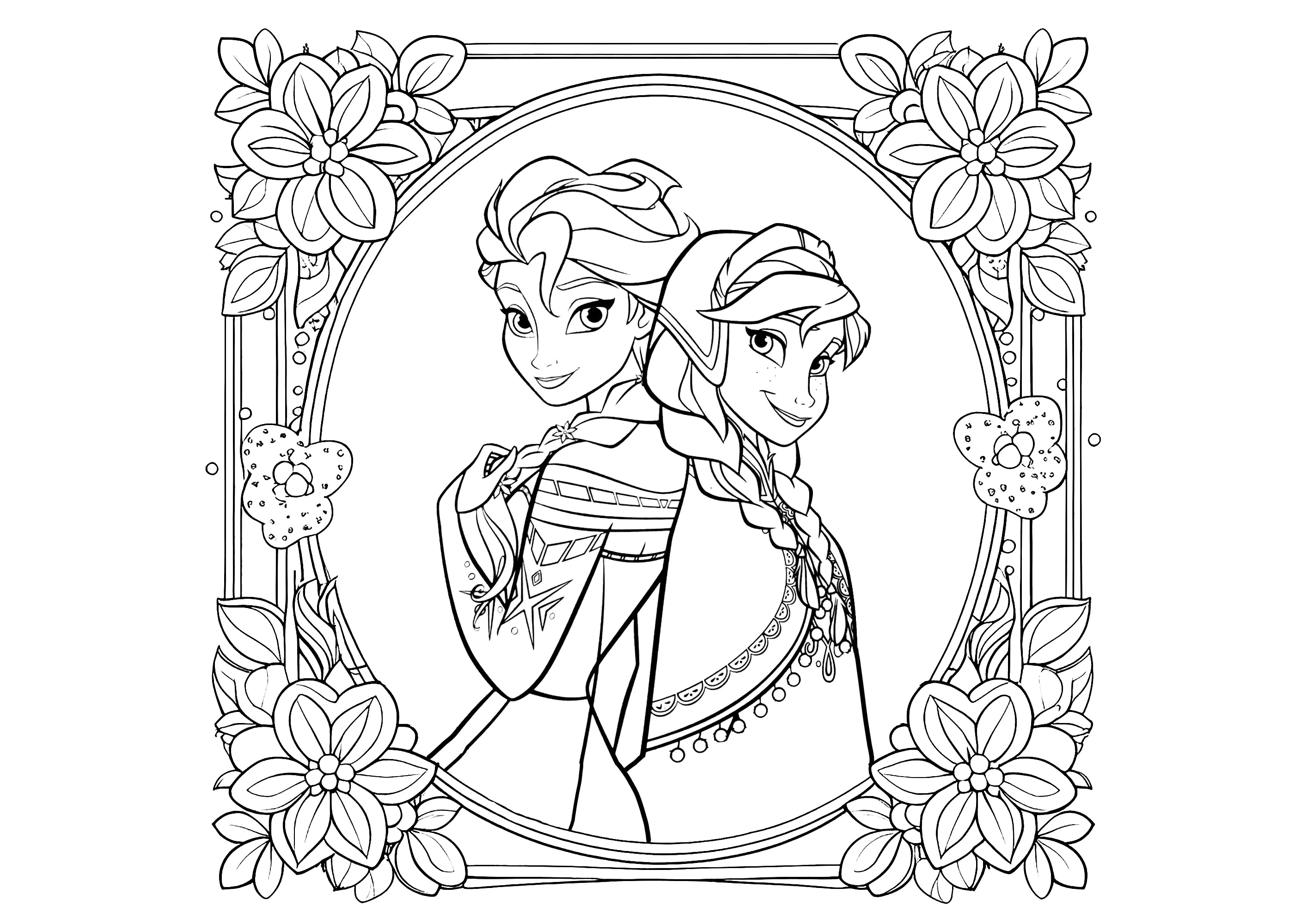 Anna und Elsa in einem blumigen Rahmen. (Ausmalbild von Die Eiskönigin zum Ausdrucken und Ausmalen für Kinder)