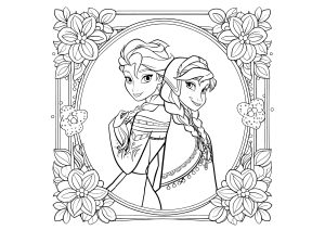 Anna und Elsa in einem blumigen Rahmen. (Ausmalbild von Die Eiskönigin)