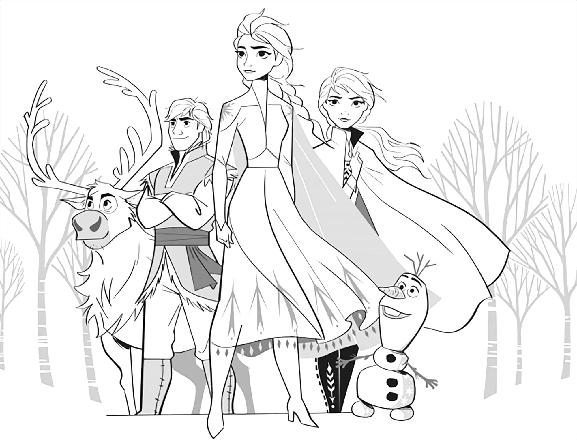 Die Eiskönigin 2: Elsa, Anna, Olaf, Sven, Kristoff (ohne Text). (Ausmalbild zum Ausdrucken und Ausmalen für Kinder)