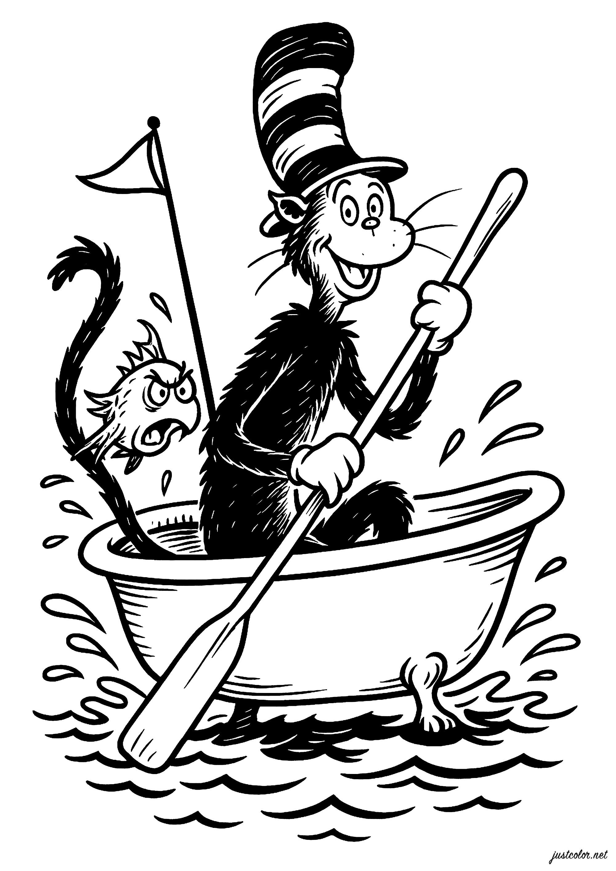 Abenteuer auf dem Boot (Ausmalbild von Die Katze im Hut zum Ausdrucken und Ausmalen für Kinder)
