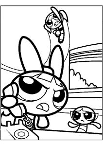 Belle, Bulle und Rebelle sind bereit für den Kampf. (Ausmalbild von Die Powerpuff Girls)