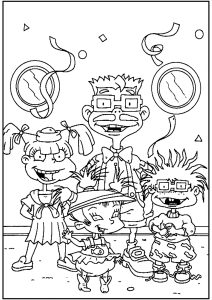 Chas Finster mit seinem Sohn Charles-Edouard, seiner Tochter Kimy und Angelica Pickles. (Ausmalbild von Die Rugrats)