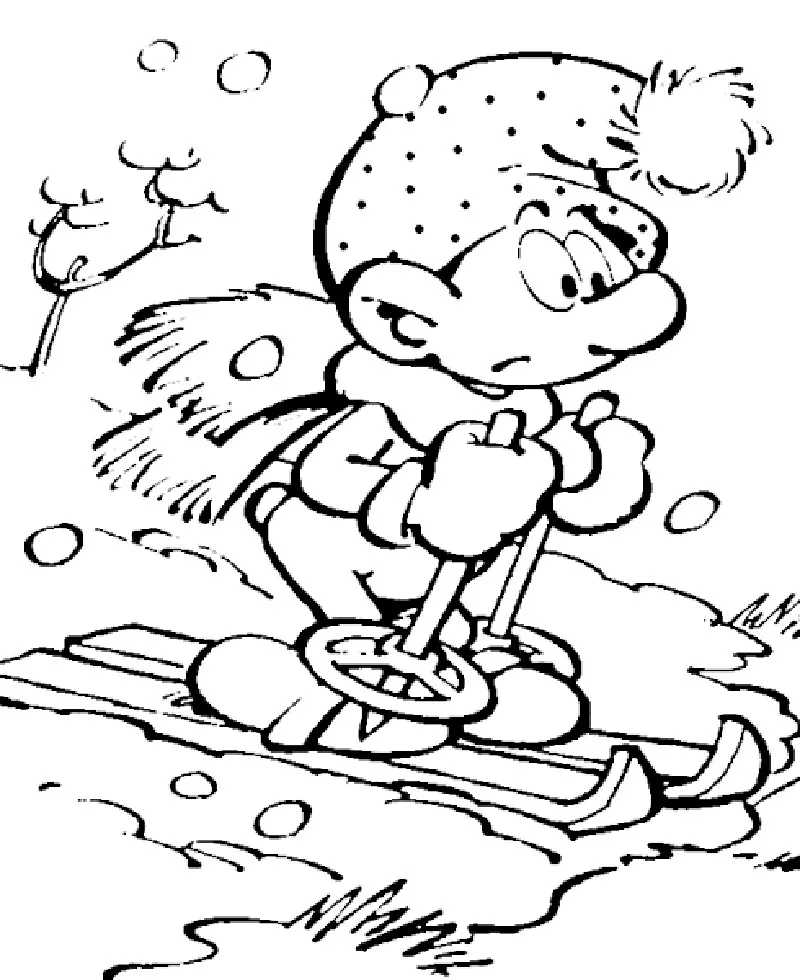 Skifahrender Schlumpf (Ausmalbild von Die Schluempfe zum Ausdrucken und Ausmalen für Kinder)