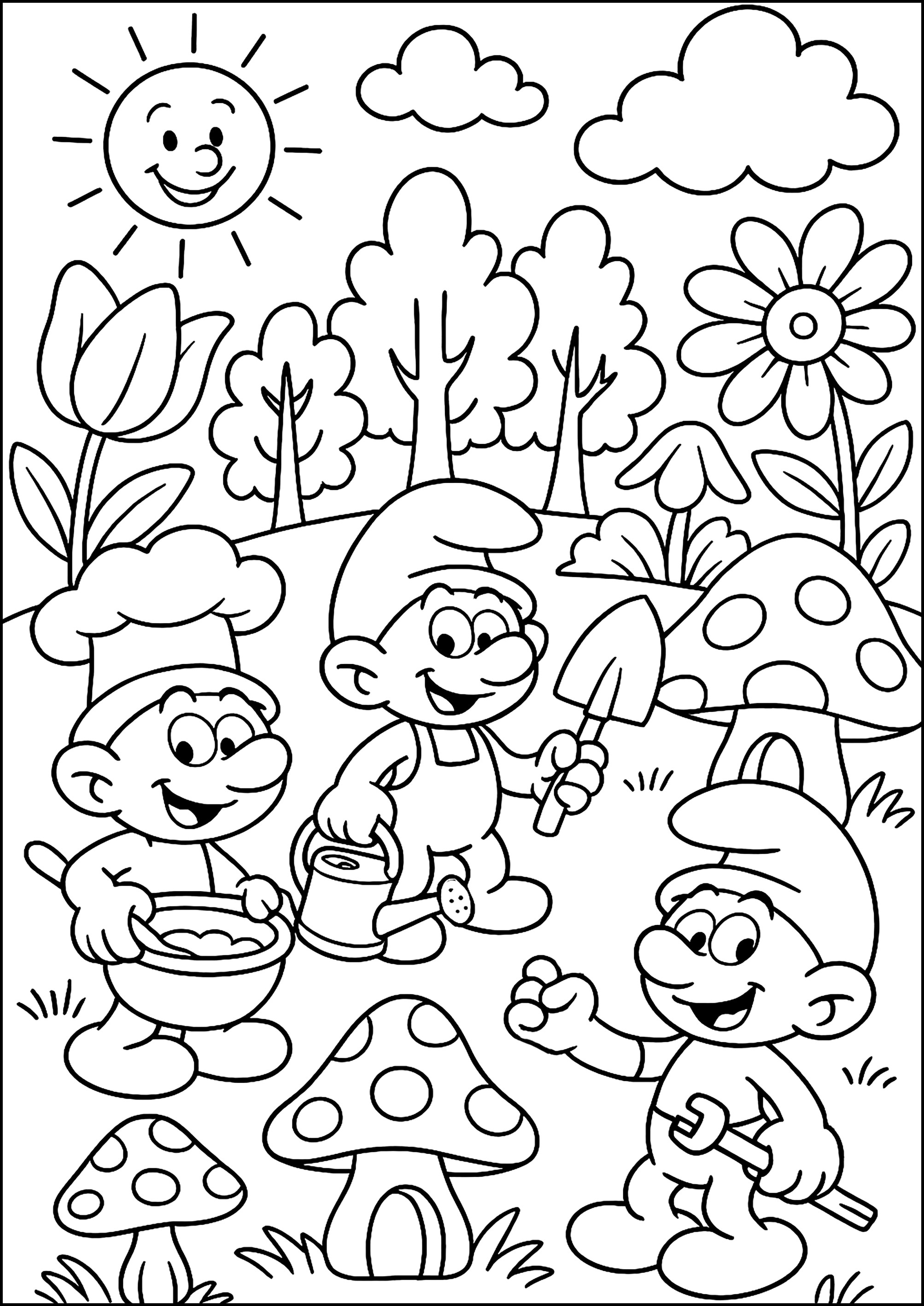 Fröhlicher Tag im Wald (Ausmalbild von Die Schluempfe zum Ausdrucken und Ausmalen für Kinder)