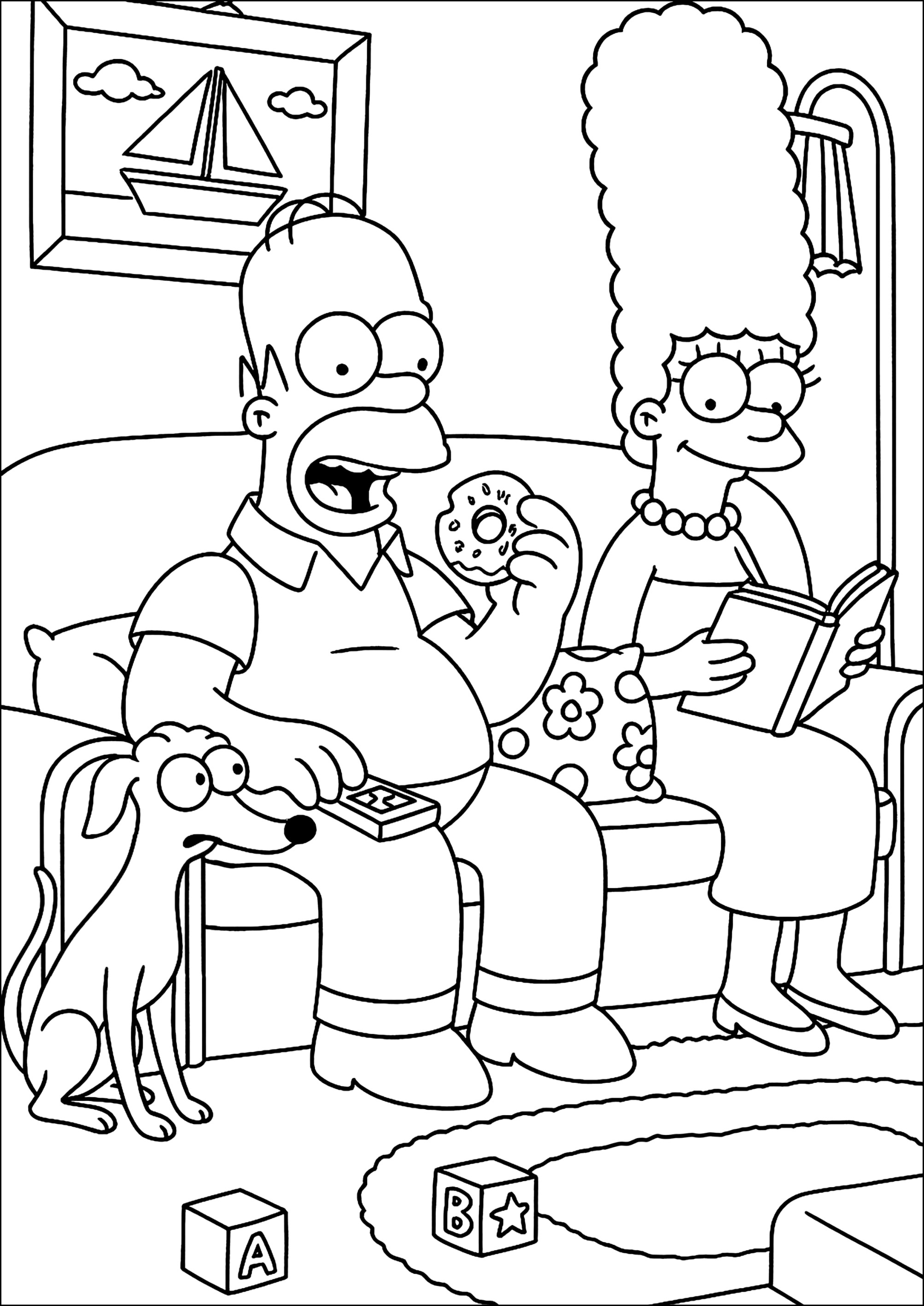 Homer und Marge im Wohnzimmer (Ausmalbild von Die Simpsons zum Ausdrucken und Ausmalen für Kinder)