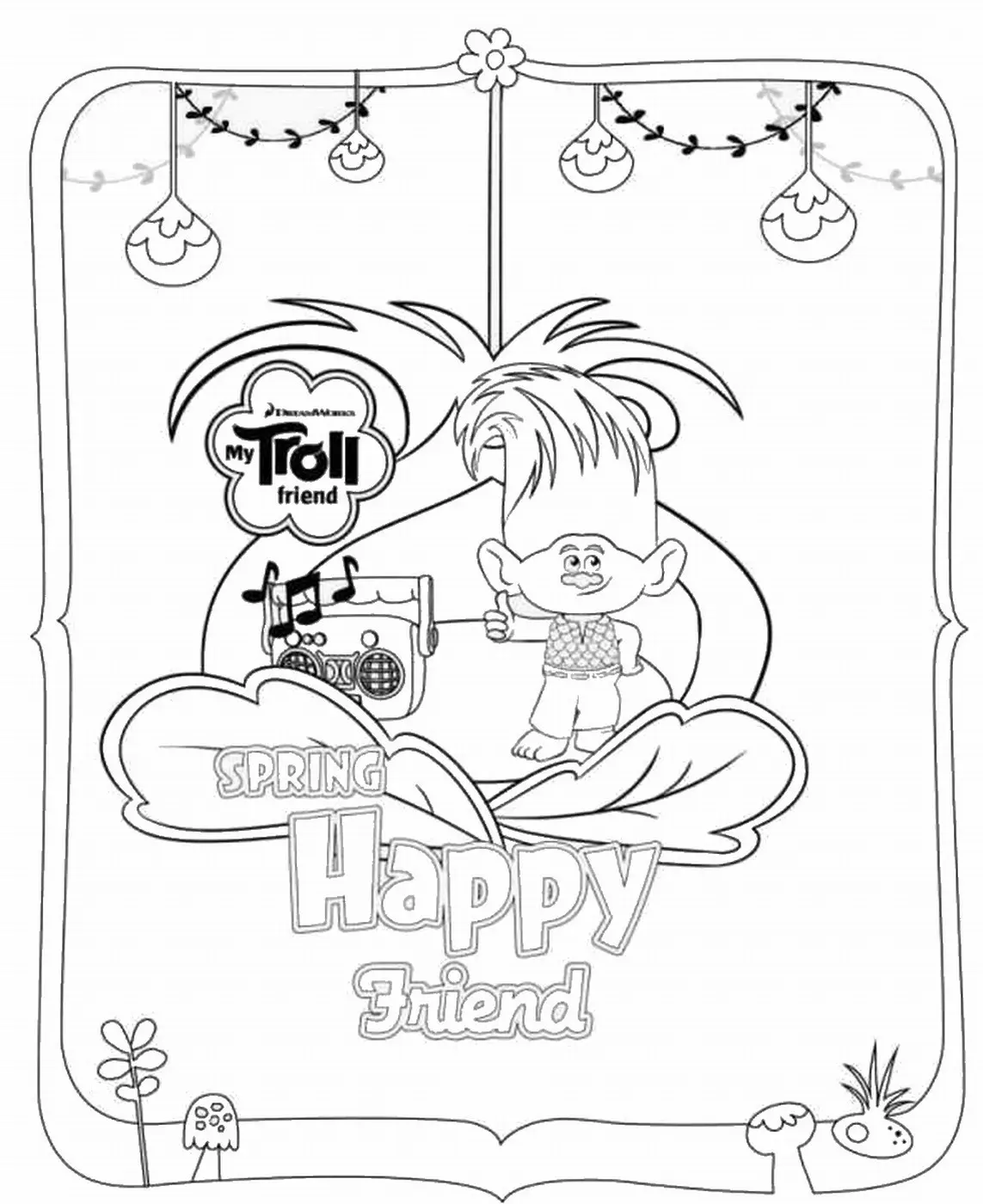 Die Trolls: Fröhlicher Frühlingsfreund (Ausmalbild zum Ausdrucken und Ausmalen für Kinder)