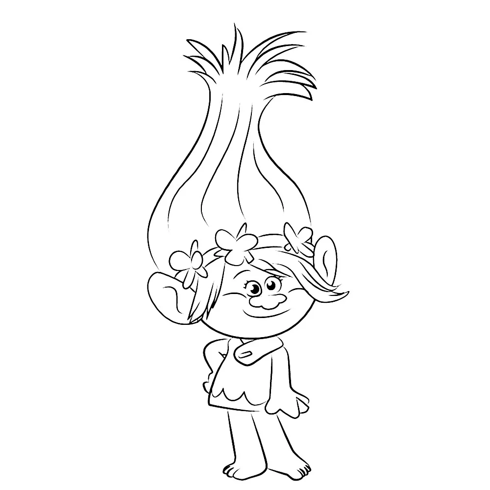 Ein sehr einfaches Ausmalbild von Prinzessin Poppy, für die Jüngsten. (Ausmalbild von Die Trolls zum Ausdrucken und Ausmalen für Kinder)