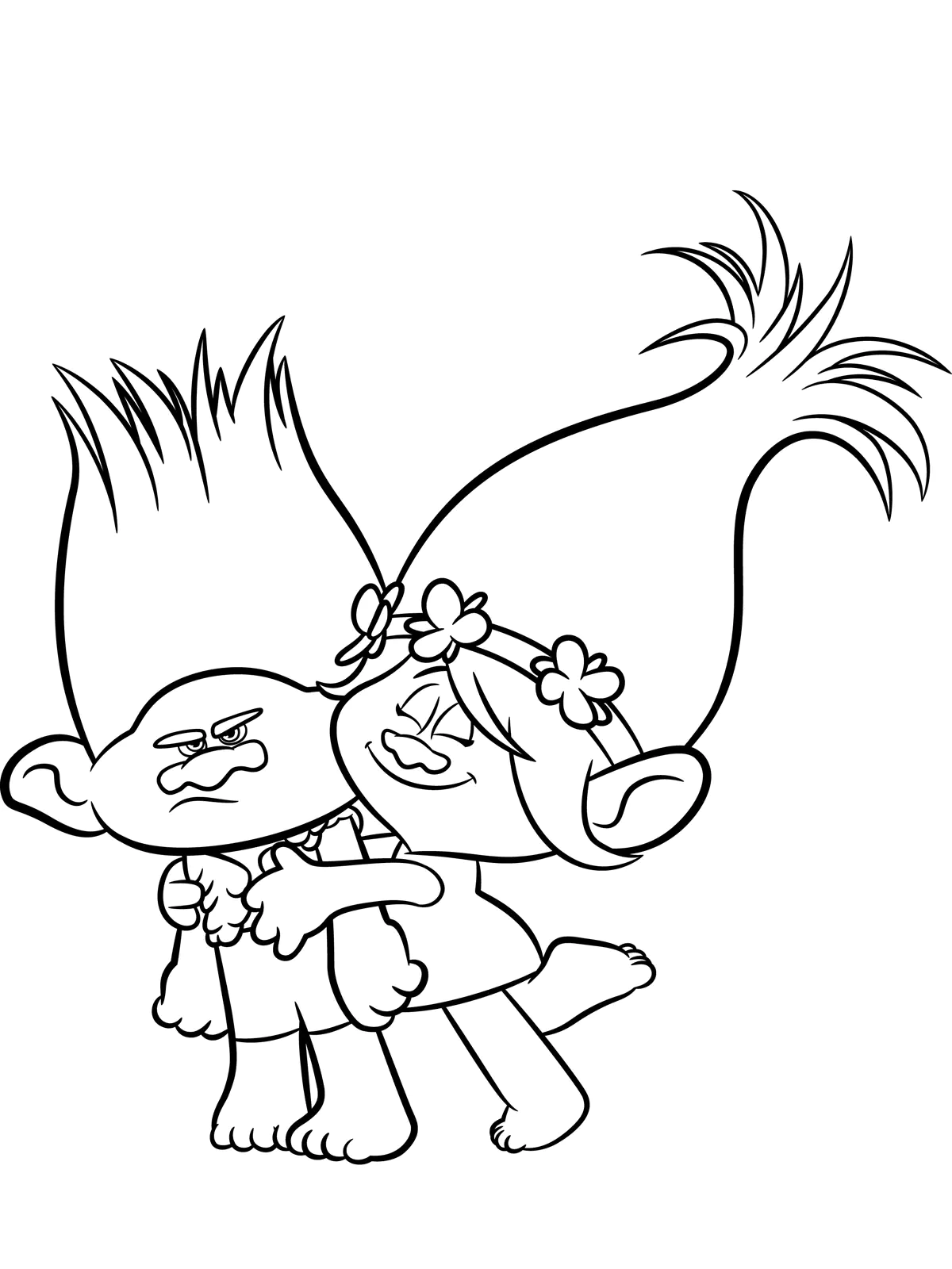 Poppy gibt Branch einen Kuss. (Ausmalbild von Die Trolls zum Ausdrucken und Ausmalen für Kinder)