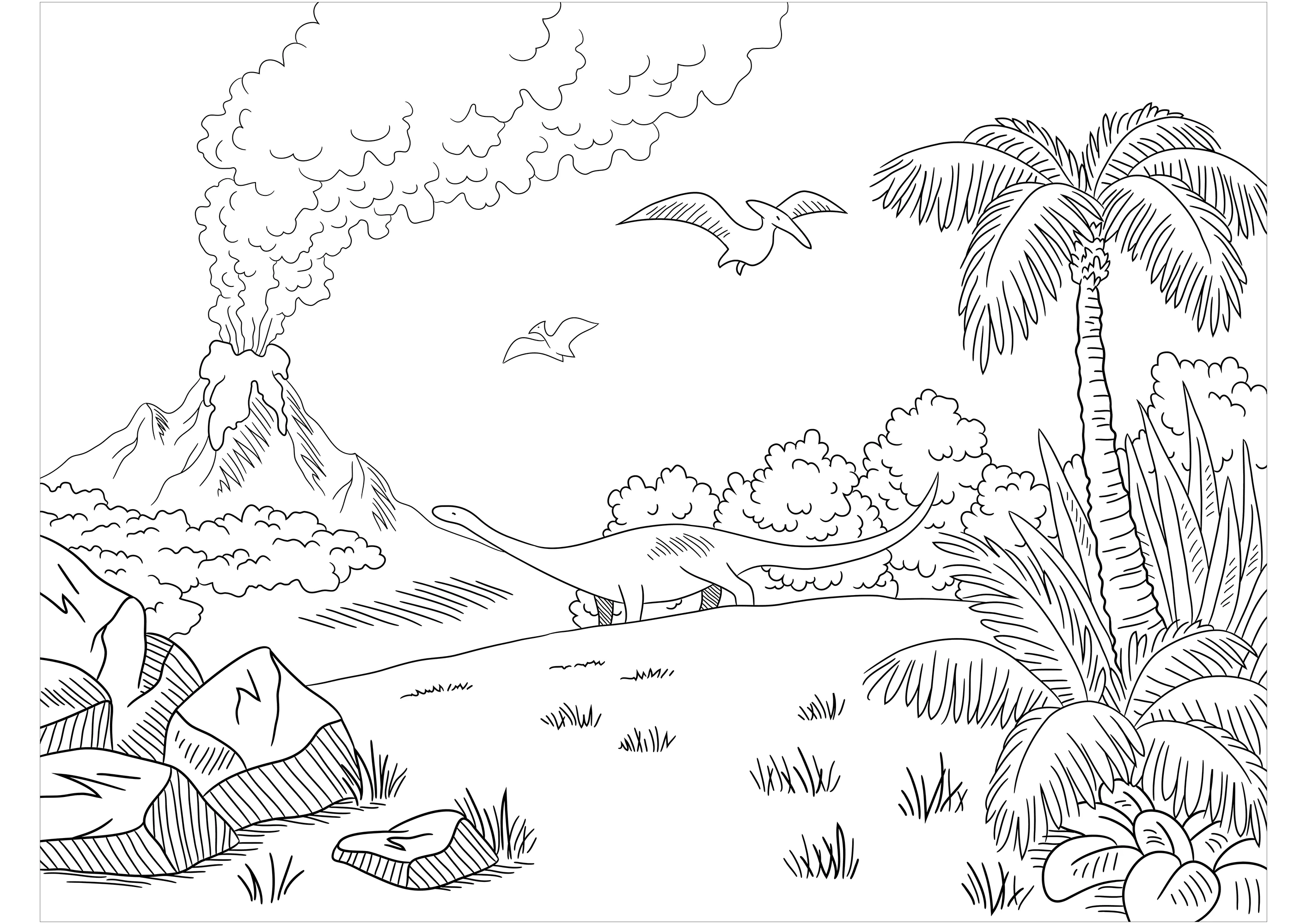 Diplodocus und Velociraptor, die vor einem ausbrechenden Vulkan fliehen. (Ausmalbild von Dinosaurier zum Ausdrucken und Ausmalen für Kinder)