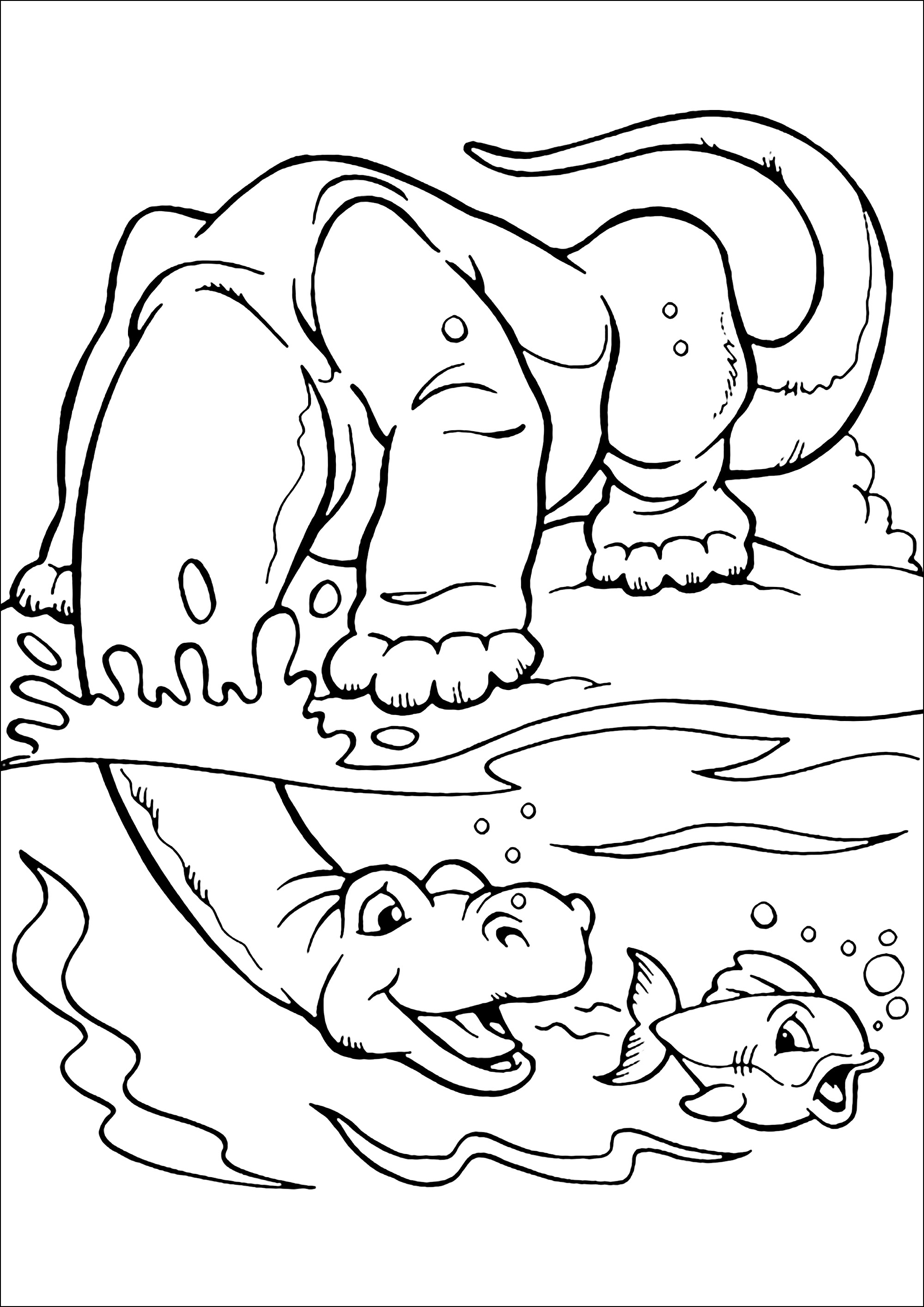 Diplodocus versucht, einen Fisch zu fangen. (Ausmalbild von Dinosaurier zum Ausdrucken und Ausmalen für Kinder)