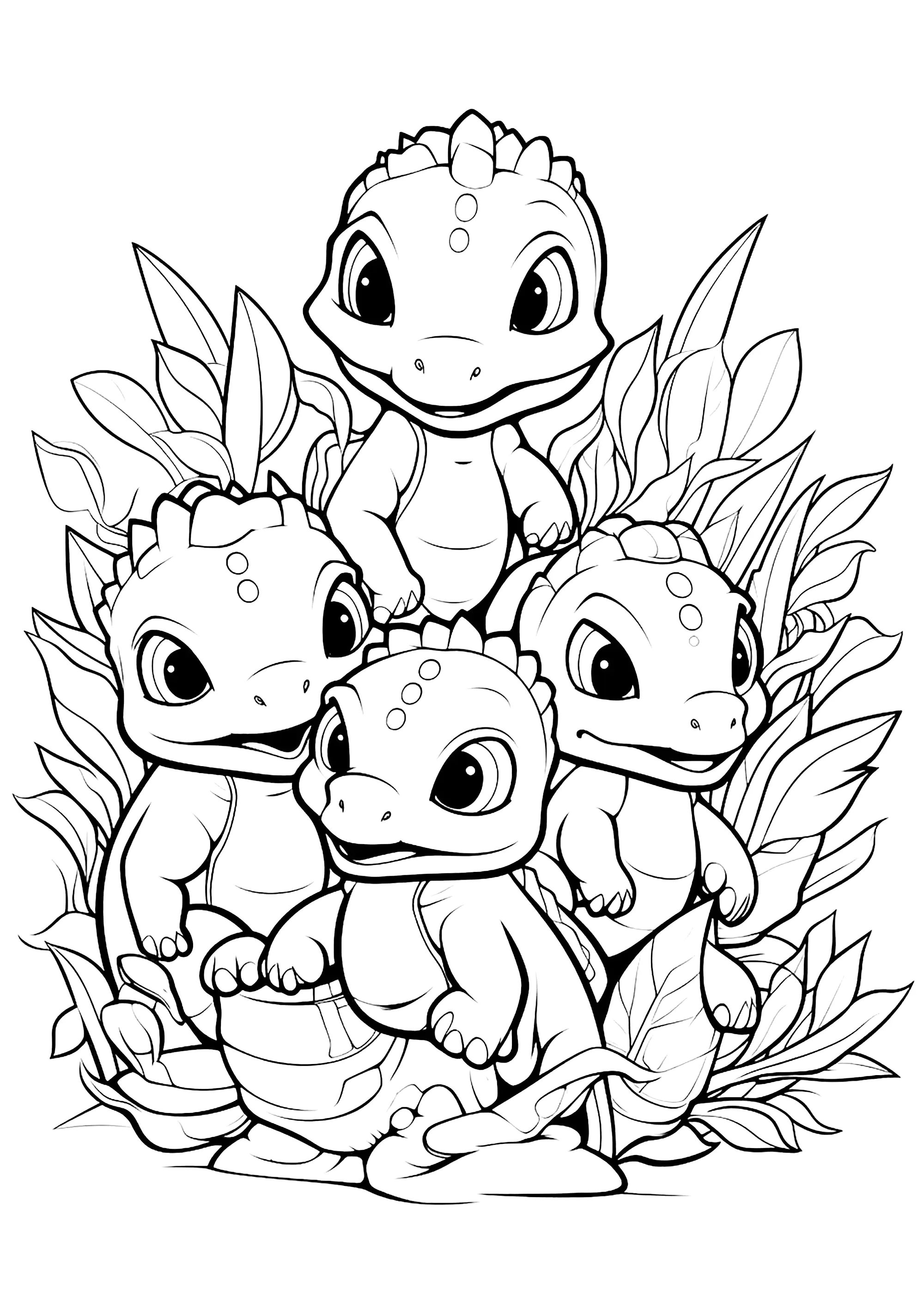 Vier Babydinosaurier (Ausmalbild von Dinosaurier zum Ausdrucken und Ausmalen für Kinder)