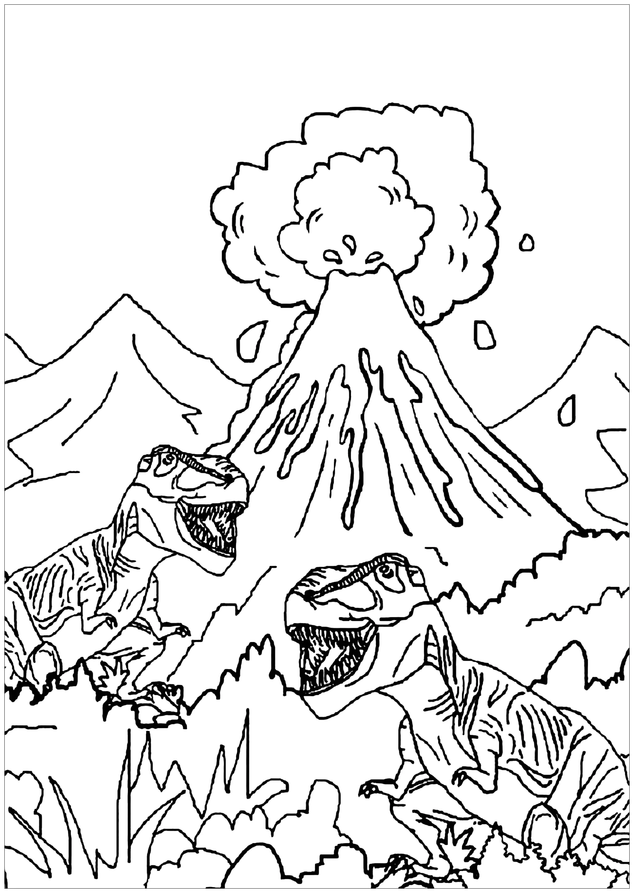 Zwei Dinosaurier beim Spaziergang. (Ausmalbild zum Ausdrucken und Ausmalen für Kinder)