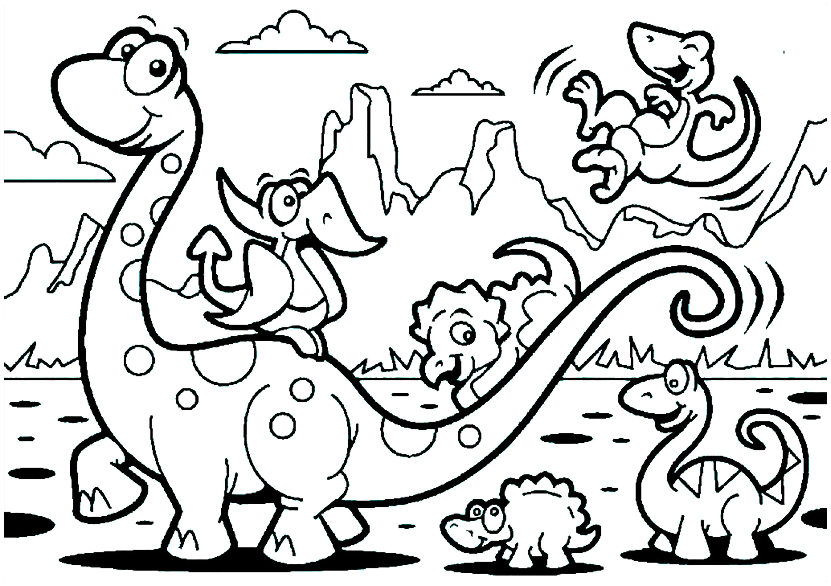 Dinosaurierfamilie (Ausmalbild von Dinosaurier zum Ausdrucken und Ausmalen für Kinder)