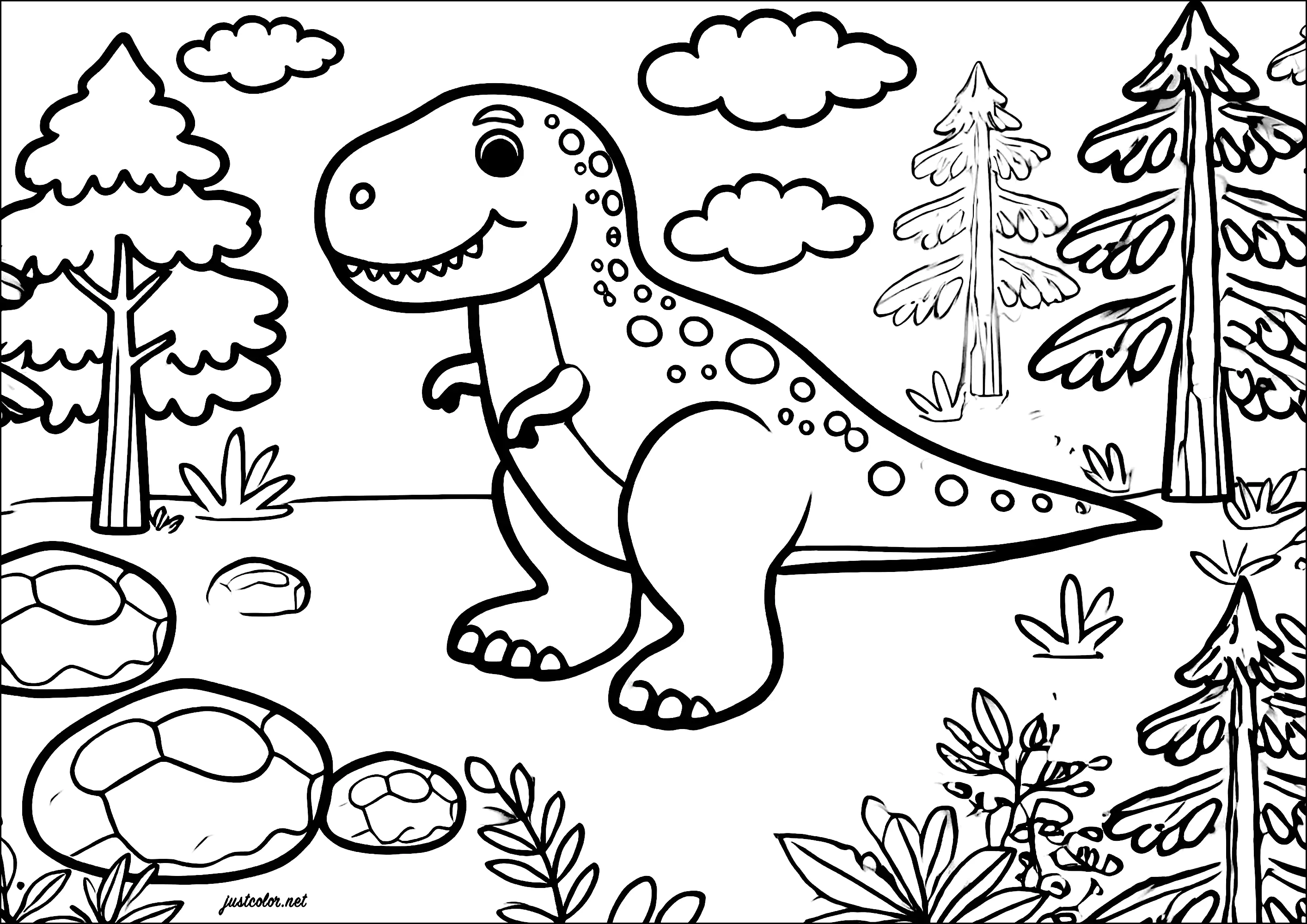 Hübscher T-Rex umgeben von Tannenbäumen (Ausmalbild von Dinosaurier zum Ausdrucken und Ausmalen für Kinder)