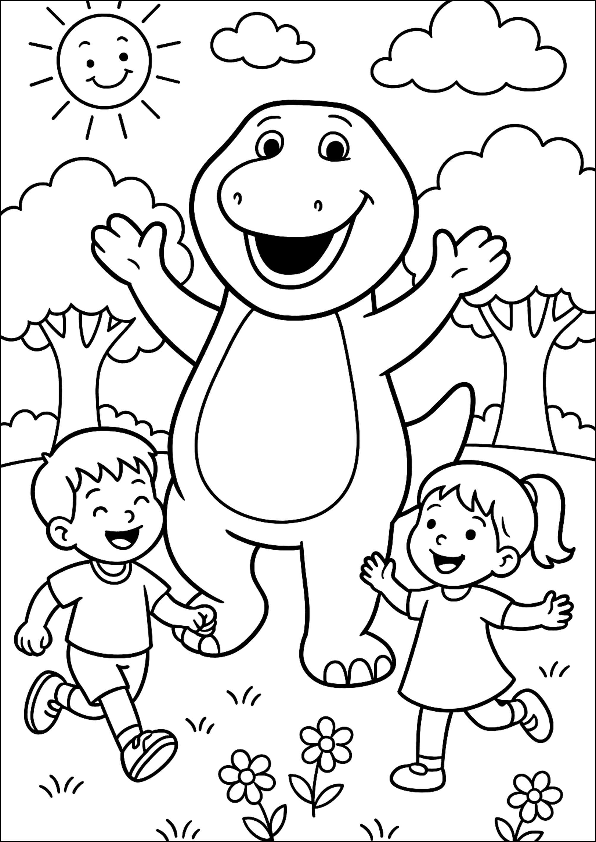 Fröhlicher Moment unter der lächelnden Sonne (Ausmalbild von Dinosaurier zum Ausdrucken und Ausmalen für Kinder)