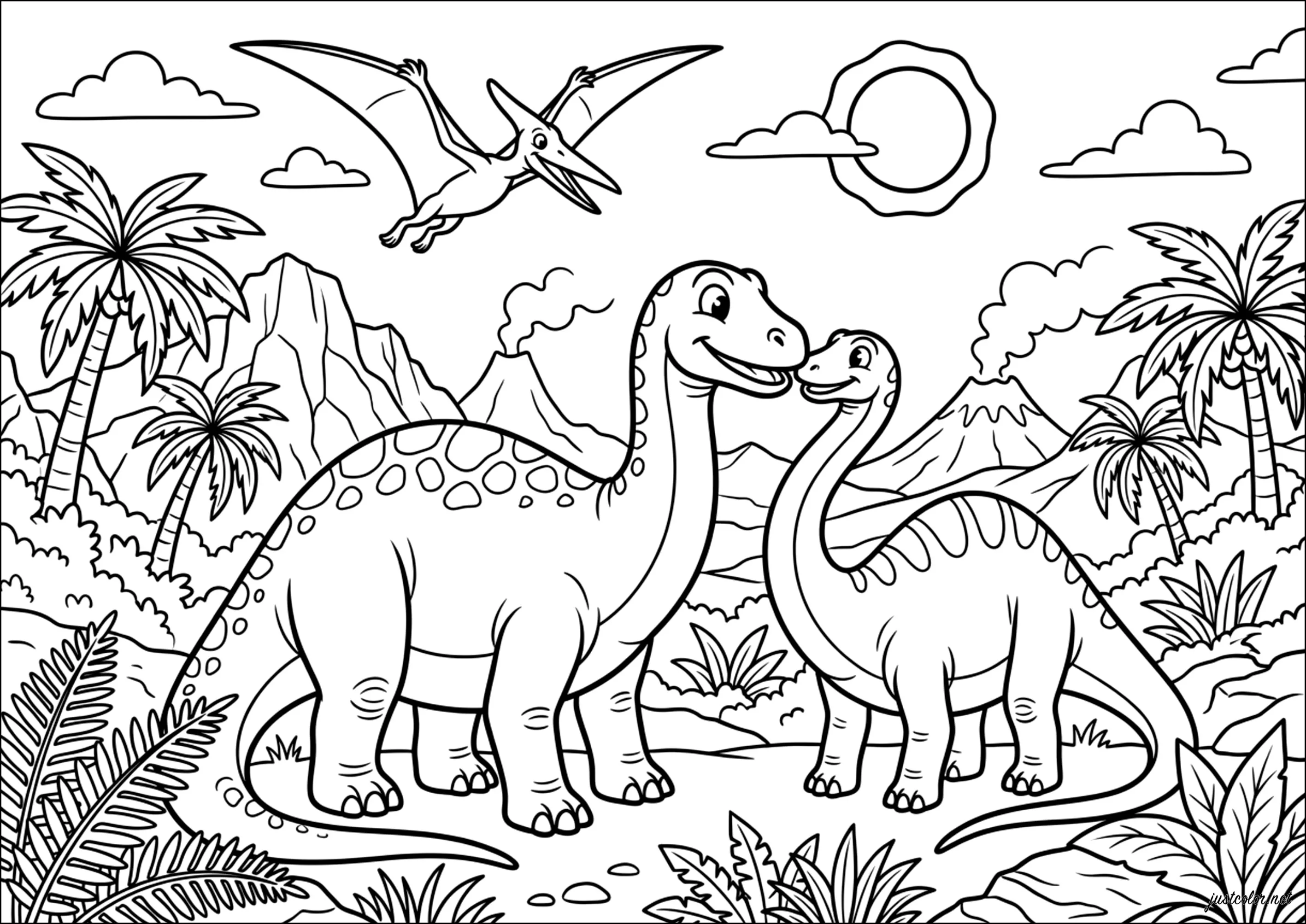 Prähistorisches Abenteuer im Dschungel (Ausmalbild von Dinosaurier zum Ausdrucken und Ausmalen für Kinder)