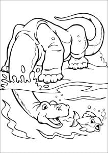 Diplodocus versucht, einen Fisch zu fangen. (Ausmalbild von Dinosaurier)