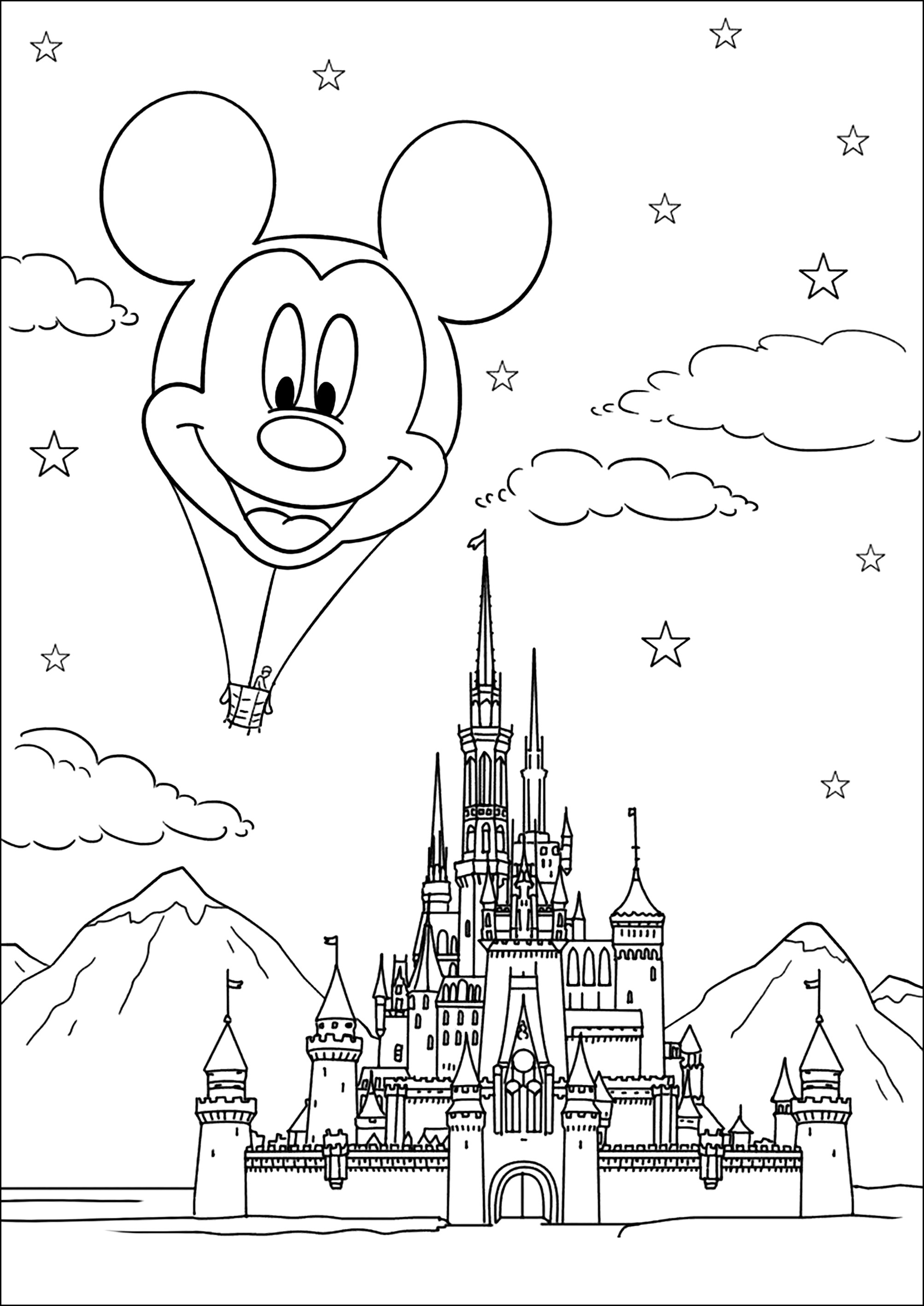 Magisches Abenteuer am Himmel (Ausmalbild von Disneyland zum Ausdrucken und Ausmalen für Kinder)