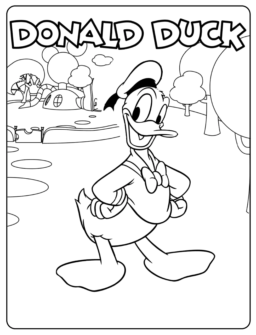 Donald Duck ist eine der Hauptfiguren von Disney. (Ausmalbild zum Ausdrucken und Ausmalen für Kinder)